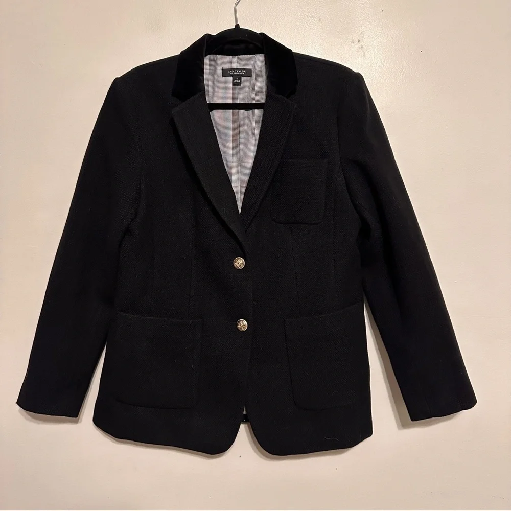 Ann Taylor Greenwich Woven Blazer Velvet Collar size 10 Black